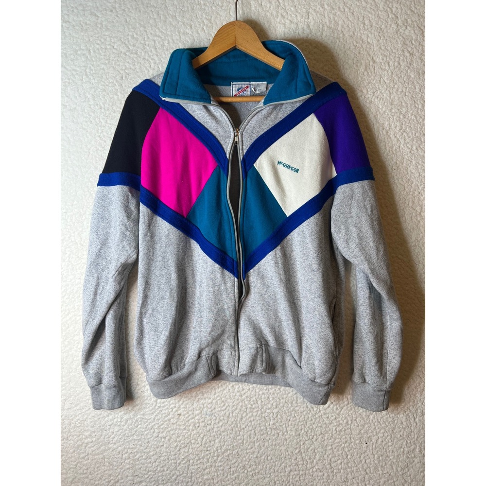 Vintage McGregor Colorblock Full Zip Sweatshirt Mens XL Gray Pink Teal 80s Style